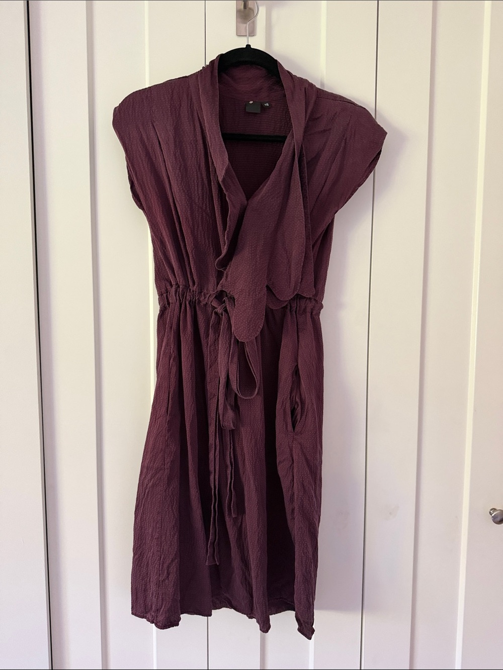 Feral Childe NYC Plum textured Silk  Sleeveless Tie-Waist Midi Dress with pocket